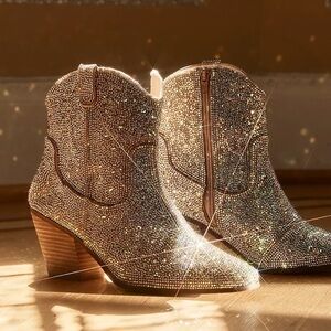 Free People Matisse Harlow Sparkling Silver Crystal Western Heeled Boots